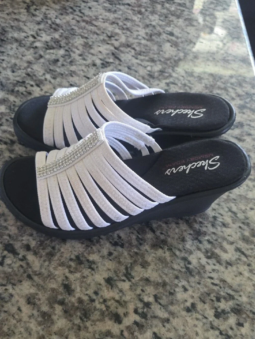 Skechers White Multi-Strap Slide Sandals with Rhinestone Trim-Memory Foam